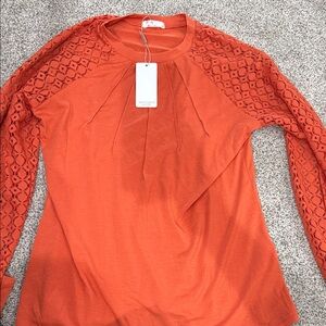 Orange Lace Sleeve Long Sleeve Top